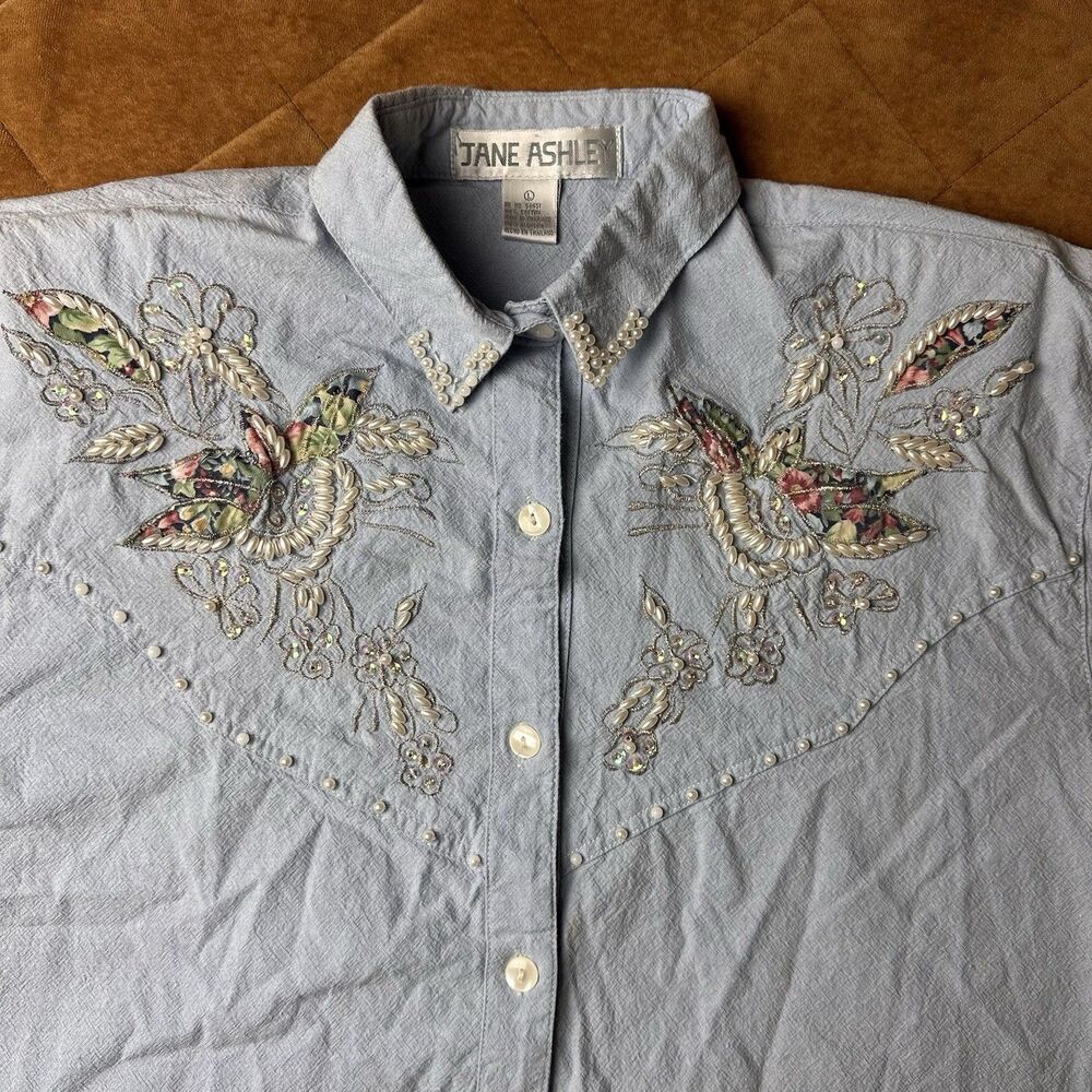 Vtg 90s Jane Ashley Denim Shirt Large Pearl Beaded Embroidered Western